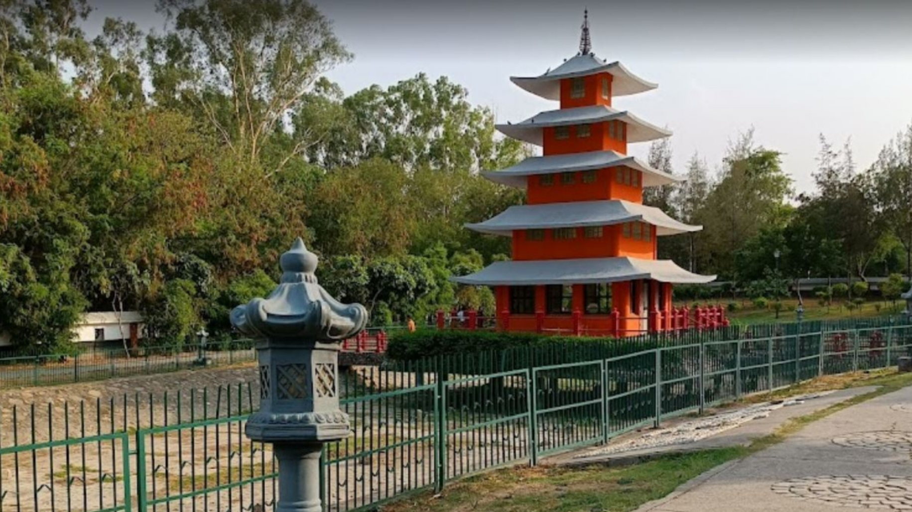Japanese Garden pagoda, waterfalls, and landscaped paths